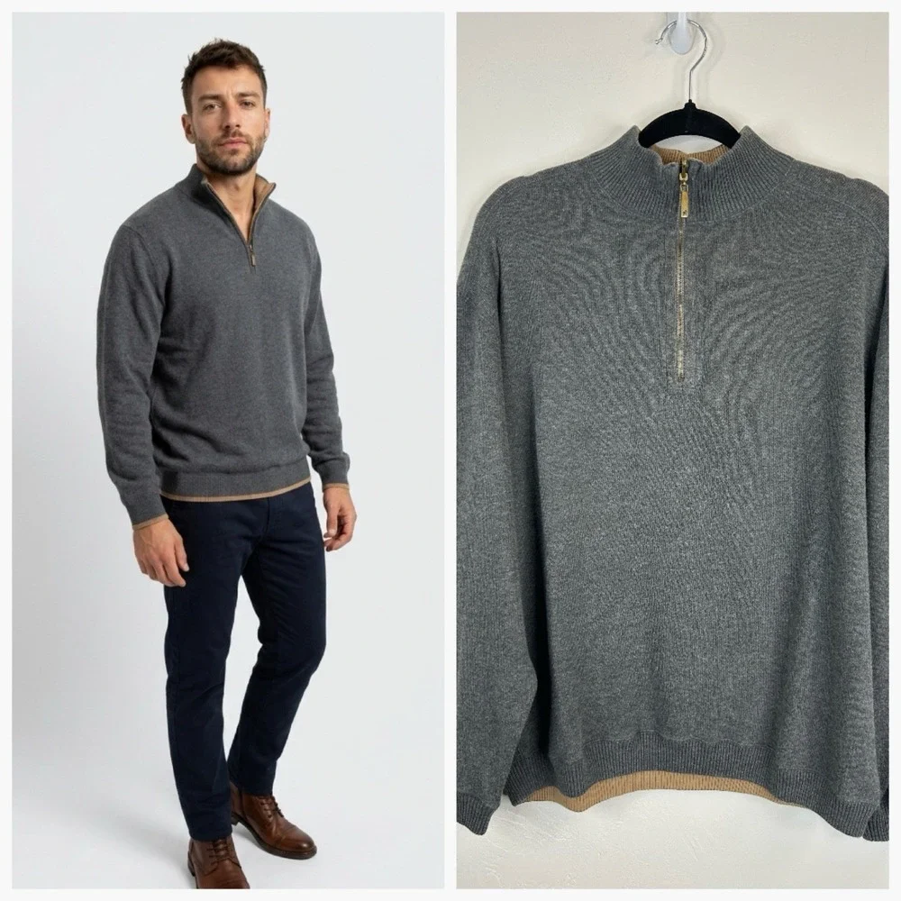 Quarter Zip Mock Neck Size XL Gray Sweater Pullover Cotton Preppy Casual Classic